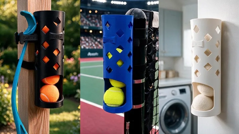 Three BallBar mounting options side by side: strapped to a post with a chucker hook, strapped to a tennis net post, and wall-mounted in a laundry room